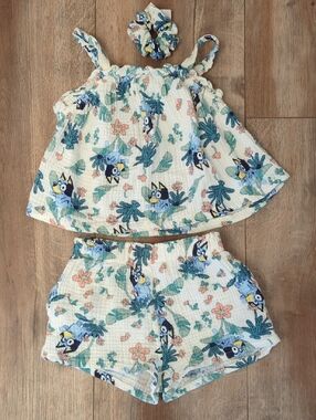 Toddler Girl's Bluey Gauze Tank & Short Set with Matching Scrunchie, 4T